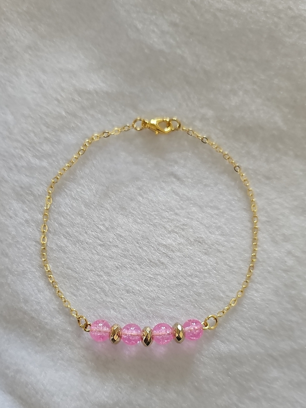 Gold Chain Bracelet with Pink Glass Crackle Beads